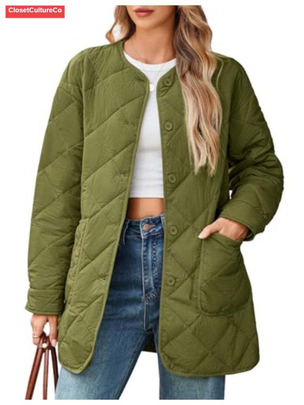 Lightweight Quilted Puffer Jacket Button Down Padded Coat Pockets